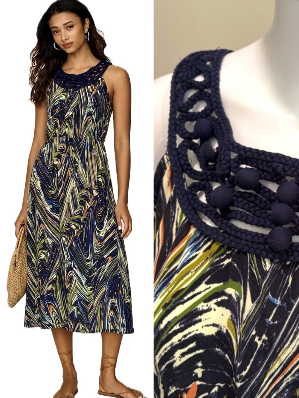 Anthropologie Wendy Katlen Silk Print Crochet Halter Midi Dress Size 4 Sundress